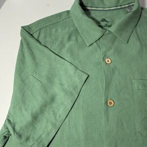 Tommy Bahama Silk Camp Shirt Men's Large Green Palm Leaf Floral Jacquard Relaxed